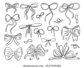 Un conjunto minimalista de cintas y lazos. Ilustración vectorial. Boceto para postal, invitación de boda, diseño, logotipo