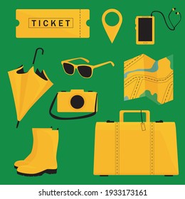 minimalistic set of travel items. ticket, map, suitcase, rubber boots, umbrella, sunglasses, player, camera, pointer on the map. yellow and black color. vector flat. isolated.