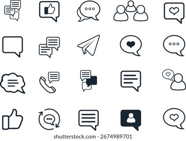 A minimalistic set of vector icons with various communication symbols. It includes icons for pop-ups, Likes, users, sending messages, making phone calls, and more.