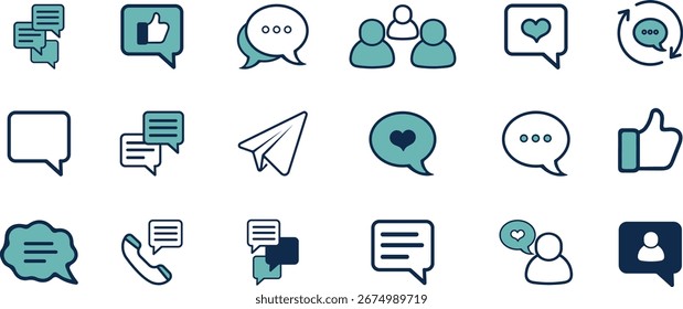 Ein minimalistischer Satz von Vektorsymbolen mit verschiedenen Kommunikationssymbolen. Es enthält Symbole für Popups, Likes, Benutzer, das Senden von Nachrichten, Telefonanrufe und mehr.