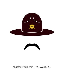 Minimalistic sheriff badge on brown hat with mustache.