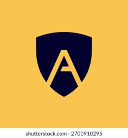 Design de logotipo de escudo minimalista com uma letra estilizada A sobre um fundo amarelo vibrante