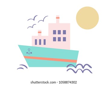 minimalistic ship with waves, chakas and sun isolated