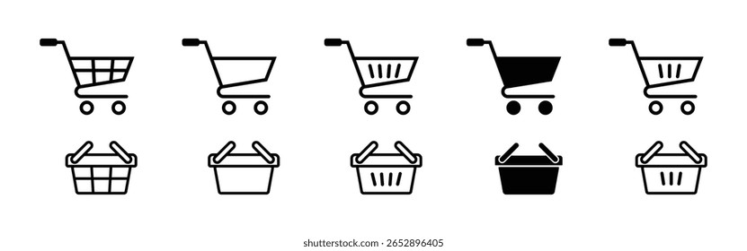Carrinho de compras minimalista e conjunto de ícone de cesta - em linha e estilo sólido para e-commerce e loja online