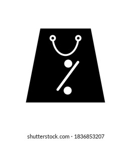 Minimalistic shopping cart icon vector with black center, percent sign, discounted background and white background.Eco-friendly paper bag. End of year discount. New Year 2021.