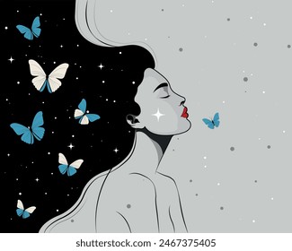 Minimalistic side profile of a woman with her eyes closed. Her white speckled hair cascades down and merges with the starry night sky. Blue butterflies fly out of her hair.