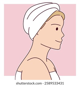 A minimalistic side profile of a woman with a towel wrapped around her head, enjoying a moment of peace and skincare care.