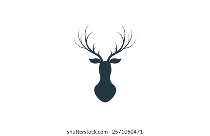 Minimalistic silhouette of a deer head featuring large, branching antlers, depicted in dark tones on a white background.