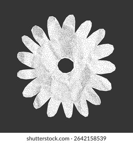 Minimalistic silhouette of a flower with crumpled paper texture on dark background. Simple sticker made from notebook page with jagged torn edges, dotted gritty texture, halftone element.