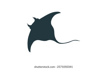 Minimalistic silhouette of a manta ray with extended wings and a long tail, depicted in dark tones on a white background.