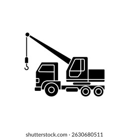 Minimalistic silhouette of a mobile crane with a telescopic boom in vector format. Ideal for technical presentations, interfaces, road infographics and construction projects.