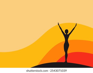 Minimalistic silhouette of a person raising arms in front of a warm, gradient background, symbolizing freedom, peace, and mindfulness.