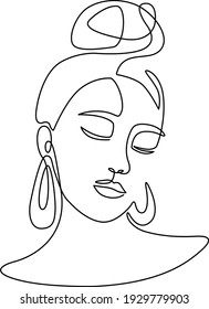 Minimalistic silhouette of woman face. Black and white illustration. White background. Messy hair bun. One line drawing.