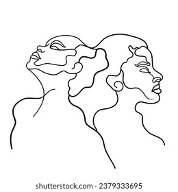 Minimalistic silhouette of woman face. Black and white. White background.line drawing.