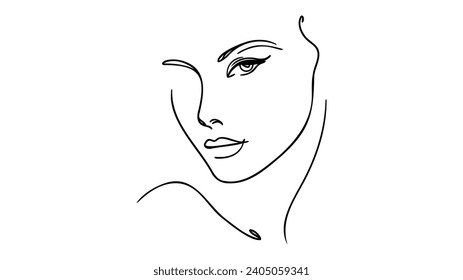 Minimalistic silhouette of woman face. Black and white. White background. One line drawing.