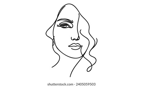 Silueta minimalista de la cara de la mujer. Blanco y negro. Fondo blanco. Dibujo de una línea.