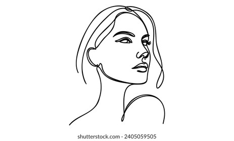 Minimalistic silhouette of woman face. Black and white. White background. One line drawing.