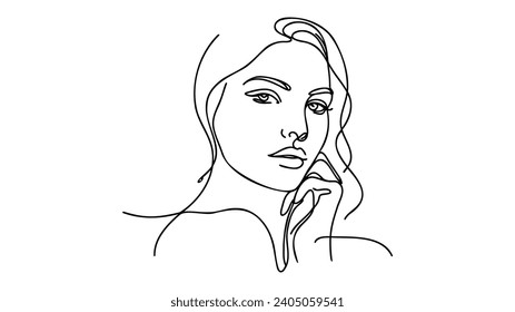 Silueta minimalista de la cara de la mujer. Blanco y negro. Fondo blanco. Dibujo de una línea.