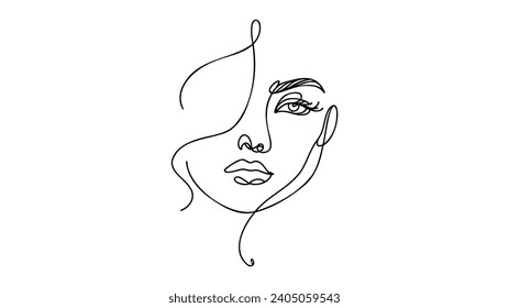 Silueta minimalista de la cara de la mujer. Blanco y negro. Fondo blanco. Dibujo de una línea.