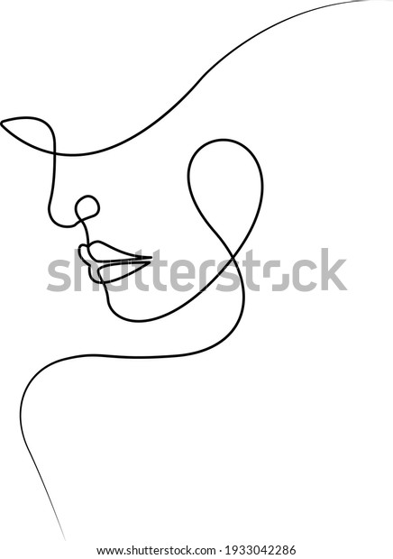 Minimalistic silhouette of woman face.\
Black and white. White background. One line\
drawing.