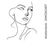 Minimalistic silhouette of woman face. Continuous one line drawing, White background. Vector