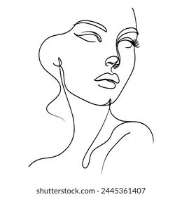 Minimalistic silhouette of woman face. Continuous one line drawing, White background. Vector