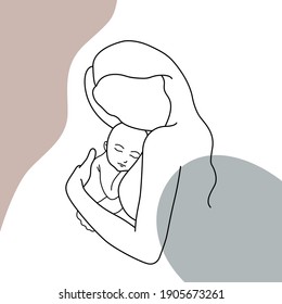 Minimalistic silhouette woman holding baby  Mother   child  Modern illustration mom and pastel colors  One line art 