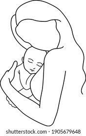 Minimalistic silhouette of woman holding baby. Mother and child. Modern illustration of mom. Black and white. White background. One line art.