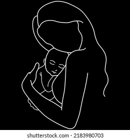 Minimalistic Silhouette Of Woman Holding Baby. Mother And Child. Modern Illustration Of Mom. Black And White. Black Background. One Line Art.