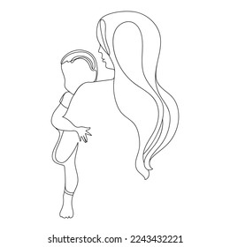 Silueta minimalista de la mujer sosteniendo el dibujo de la línea del bebé Ilustración vectorial. Concepto de madre e hijo. Dibujo de una línea de la madre sujetando a su bebé, visión trasera. Dibujo aislado en fondo blanco