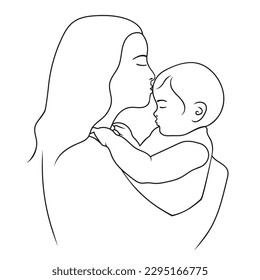 Minimalistic silhouette of woman holding baby. Mother and child.