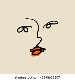 Minimalistic silhouette of a woman's face. Simple poster. Hand drawn doodles.