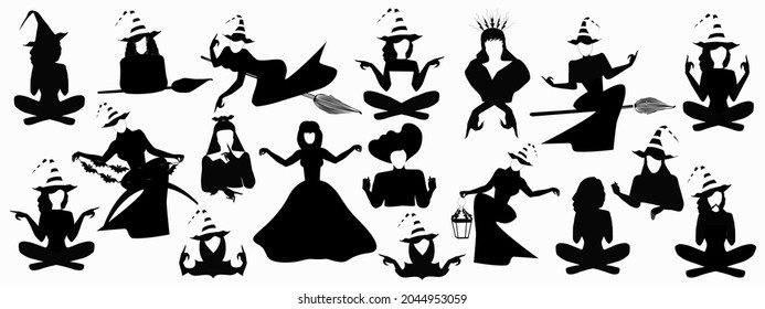 Minimalistic silhouettes of witches with Halloween attributes: broom, lantern, garland, bats on a white background. Yoga gestures. Isolated vector Halloween style illustration for banner poster e-mail