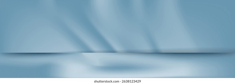 Minimalistic simple abstract light blue background for product presentation. Shadow and light from windows on wall.