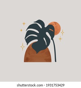 Minimalistic simple art in esoteric boho style. Tropical leaf and watercolor geometric shapes background. Hand drawn vector illustration for modern art print, boho wall decor, Mid century design