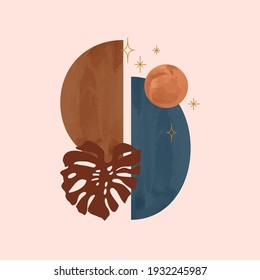 Minimalistic simple art in esoteric boho style. Tropical leaf and watercolor geometric shapes background. Hand drawn vector illustration for modern art print, boho wall decor, Mid century design