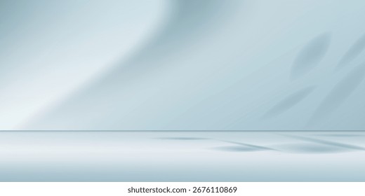 Plano de fundo simples e minimalista para apresentação do produto. Sombra da folhagem da planta e luz na parede azul.