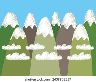 Minimalistic simple children's drawing with mountains, clouds, snow on top of mountains. Pencil imitation. Vector illustration EPS10