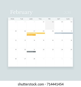 Minimalistic simple editable vector February 2018 event calendar template