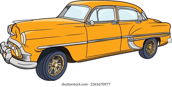 Vehículo de color retro amarillo retro de dibujo minimalista y sencillo aislado para colorear libros Ilustración vectorial, dibujo de vehículos antiguos automático en fondo blanco