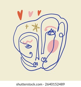 Minimalistic simple hand drawn vector illustration clipart trendy line portrait art. Cubism and surrealism artist paintings inspired abstract face composition. Monochrome calm palette print for