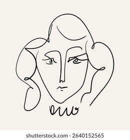 Minimalistic simple hand drawn vector illustration clipart trendy line portrait art. Cubism and surrealism artist paintings inspired abstract face composition. Monochrome calm palette print for