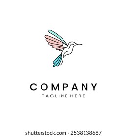  minimalistic and simple hummingbird vector line art with a bit of color, on a white background