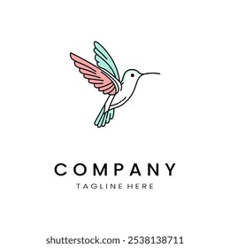  minimalistic and simple hummingbird vector line art with a bit of color, on a white background