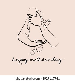 minimalistic simple linear image of a mother holding a newborn baby. Icon or logo. Postcard ioi congratulations on happy mothers day. 