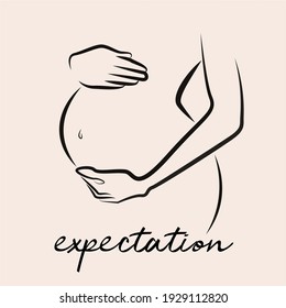 minimalistic simple linear image of a pregnant woman with her hands folded on her belly. Icon or logo. Beige background. 