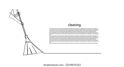 minimalistic simple lines of hand and broom.continuous line of hand sweeping dirt.single line of cleanliness