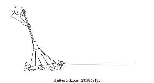 líneas simples minimalistas de mano y escoba.línea continua de suciedad de barrido manual.única línea de limpieza