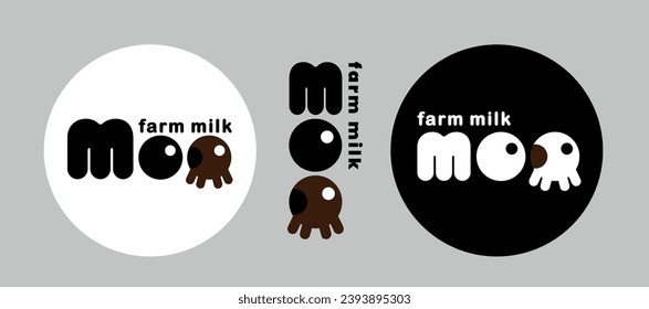 Minimalistic simple logo for farm natural cow's milk, moo lettering, cow udder. Vector illustration of EPS10