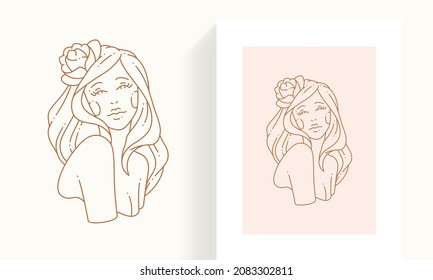 Minimalistische einfache Logo pastellfarbene Postkarte romantische junge Frau mit Rosenblume in langen Haar Vektorgrafik. Elegantes, nacktes weibliches Porträt, das eine Blütensymbol-Ikone einzeln auf Weiß darstellt. Beauty-Emblem